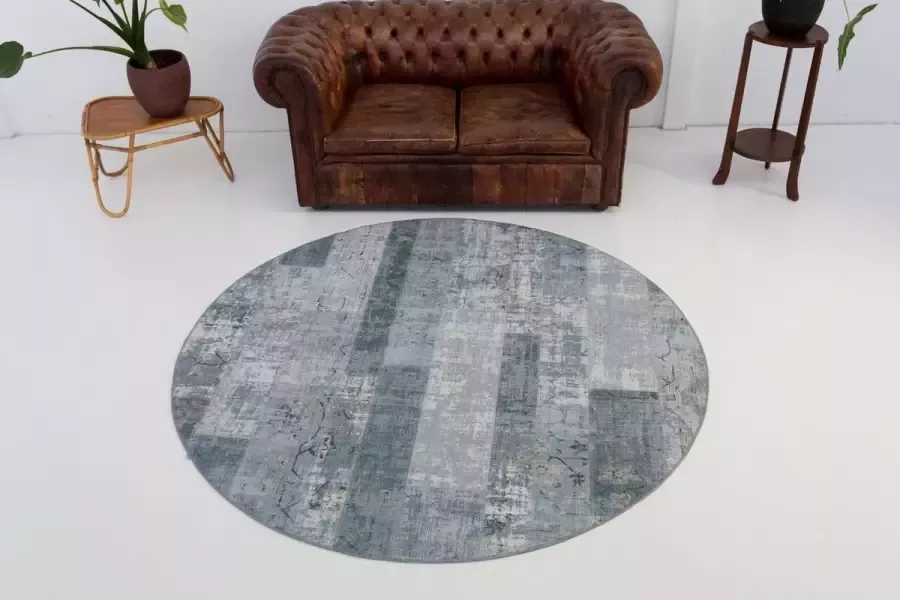 Flycarpets Burano Patchwork Vloerkleed 160cm Grijs Rond Laagpolig