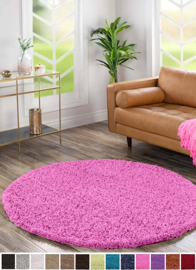 Flycarpets Candy Shaggy Rond Vloerkleed 160x160cm Fuschia Roze Woonkamer Kinderkamer