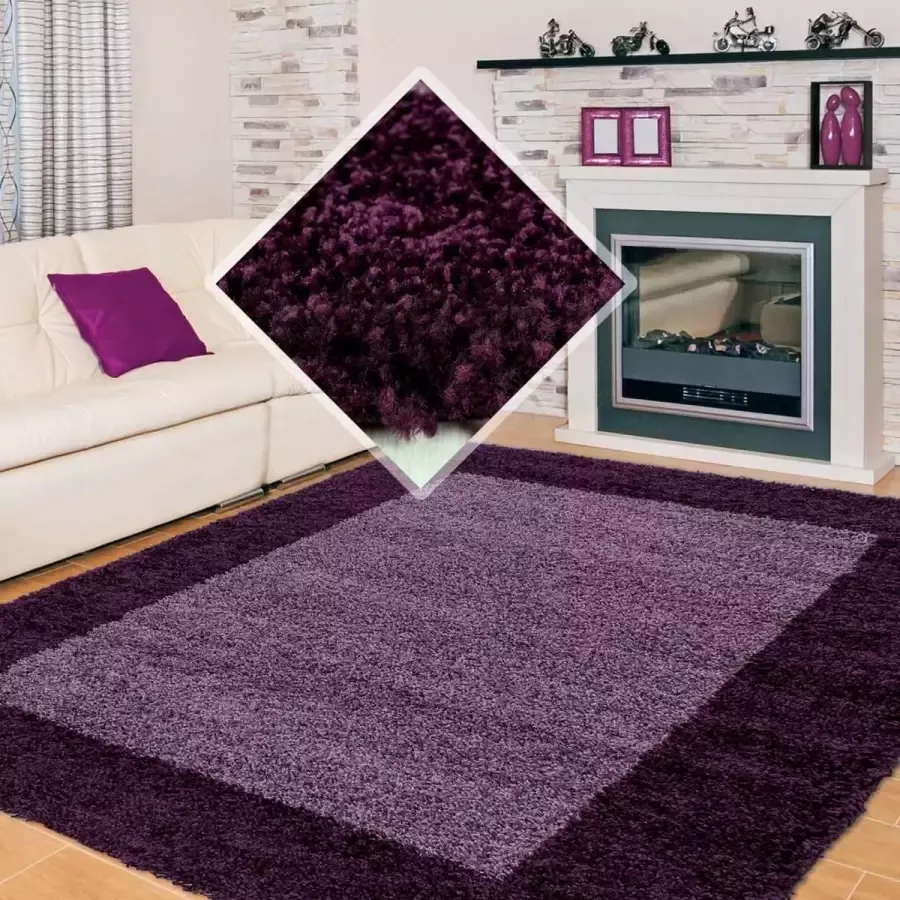 Flycarpets Candy Shaggy Vloerkleed 100x200cm Paars Lijstmotief Hoogpolig