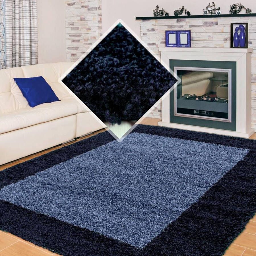 Flycarpets Candy Shaggy Vloerkleed 120x170cm Marineblauw Lijstmotief Hoogpolig