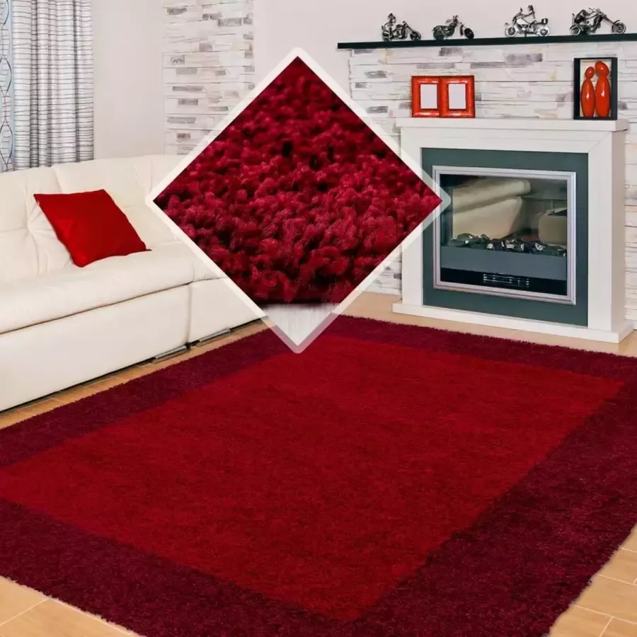 Flycarpets Candy Shaggy Vloerkleed 300x400cm Rood Lijstmotief Hoogpolig