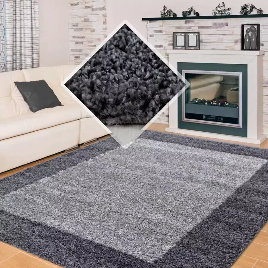 Flycarpets Candy Shaggy Vloerkleed 80x150 cm Grijs Lijstmotief Hoogpolig Loper voor in de gang keuken slaapkamer