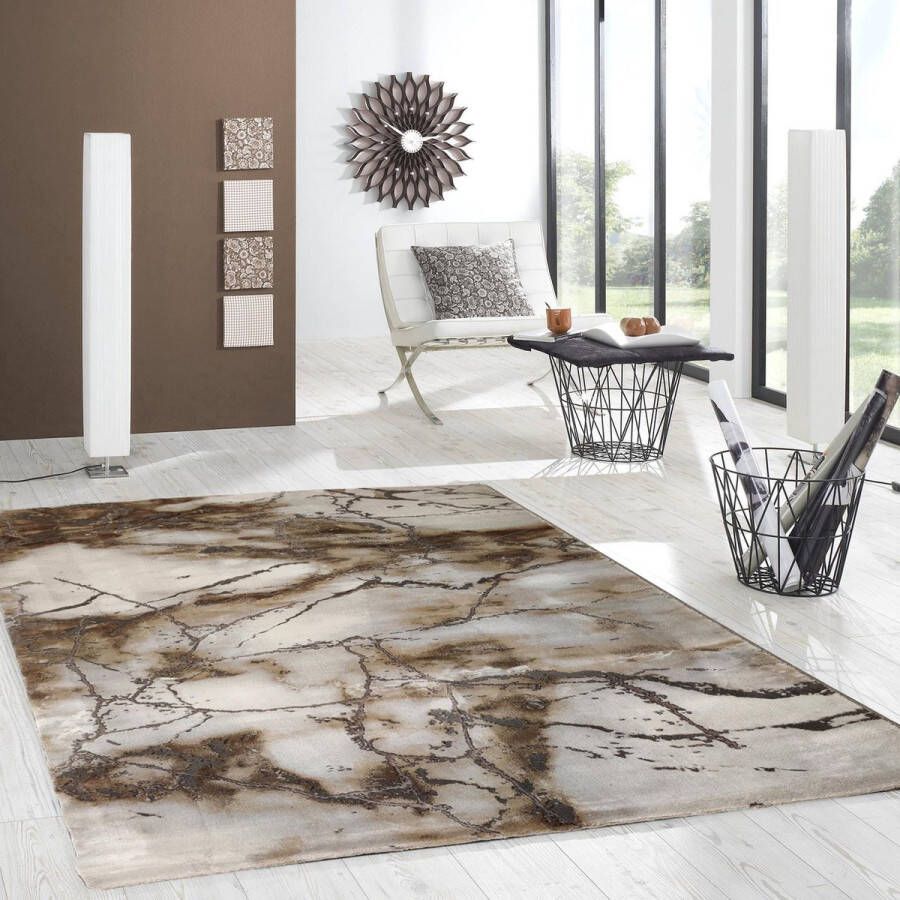 Flycarpets Carrara Modern Vloerkleed Marmer Design Grijs Bruin Beige Afmeting: 80x150 cm