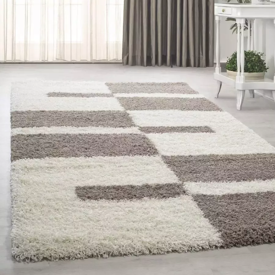 Flycarpets Hoogpolig shaggy vloerkleed Manhattan 080x150 CM Beige 3 CM