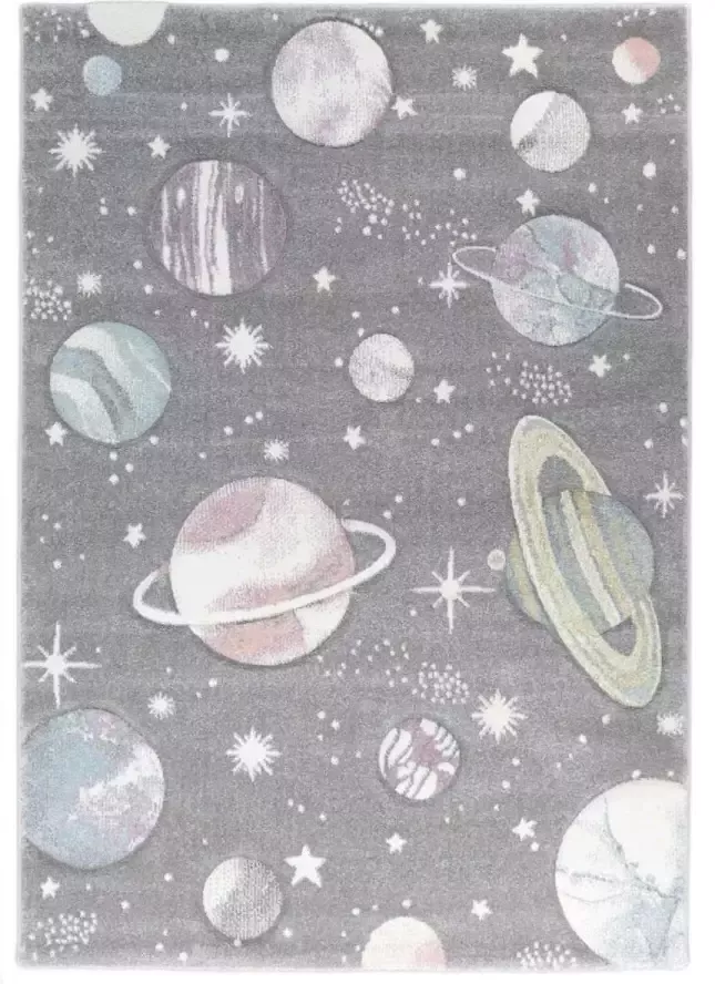 Flycarpets Kids Vloerkleed Kinderkamer Multi Grijs Speelkleed Planeten 120x170 cm