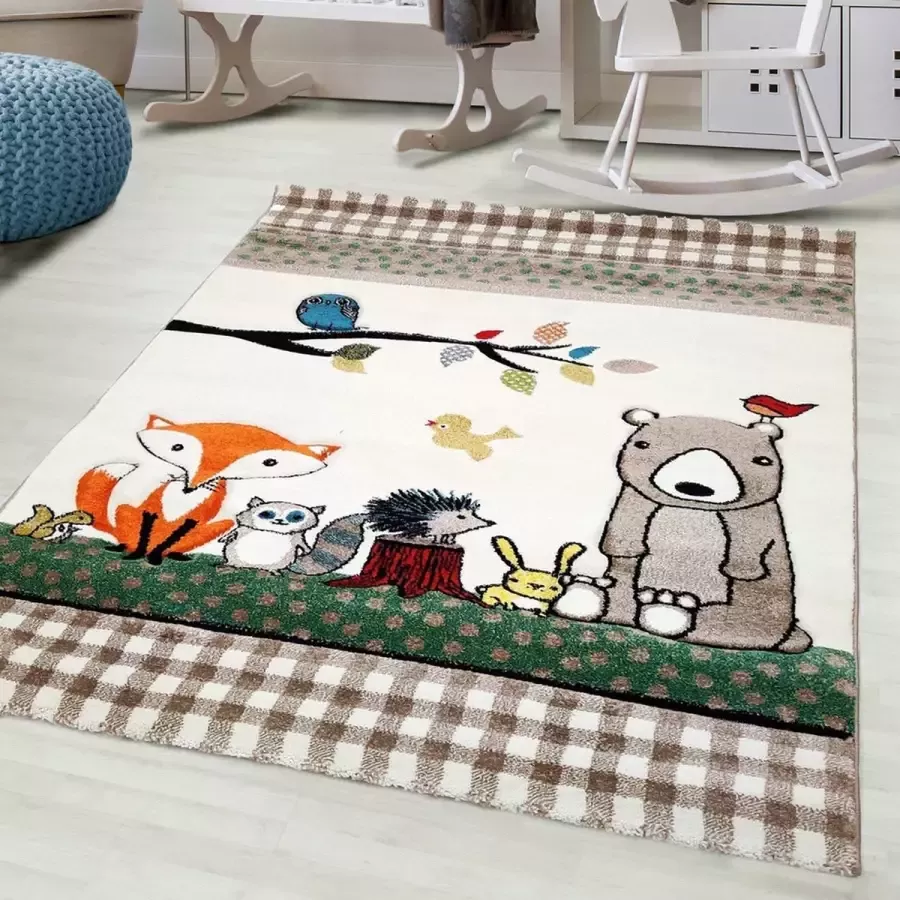 Flycarpets Kinderkamer Vloerkleed Crème Dieren 120x170 cm Speelkleed Laagpolig