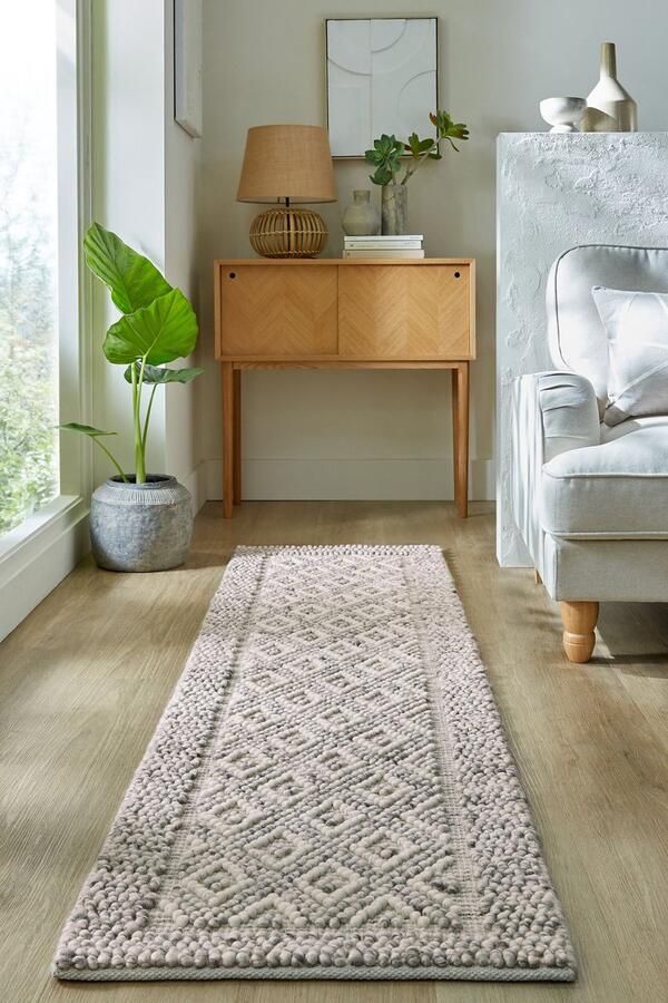 Flycarpets Loper Minerals Diamond vloerkleed Laagpolig Wol Bolletjes Designer Modern Grijs 60 x 230 cm