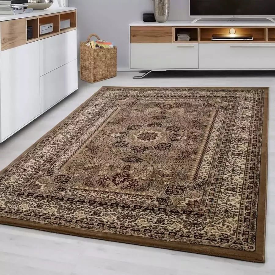 Flycarpets Klassiek Vloerkleed Marrakesh Beige 120x170 cm Oosters motief Perzisch Tapijt Laagpolig Retro Kleed Woonkamer