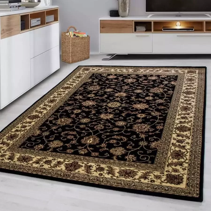 Flycarpets Klassiek Vloerkleed Marrakesh Zwart Beige 120x170 cm Oosters motief Perzisch Tapijt Laagpolig Retro Kleed Woonkamer