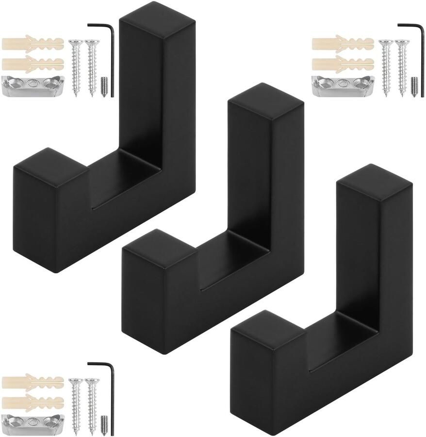 Focenat 3-delige vierkante kapstokhaken moderne metalen kapstokhaken met schroeven zwarte hoedenhaken zwarte kapstok voor jassen keukens deuren badkamers slaapkamers