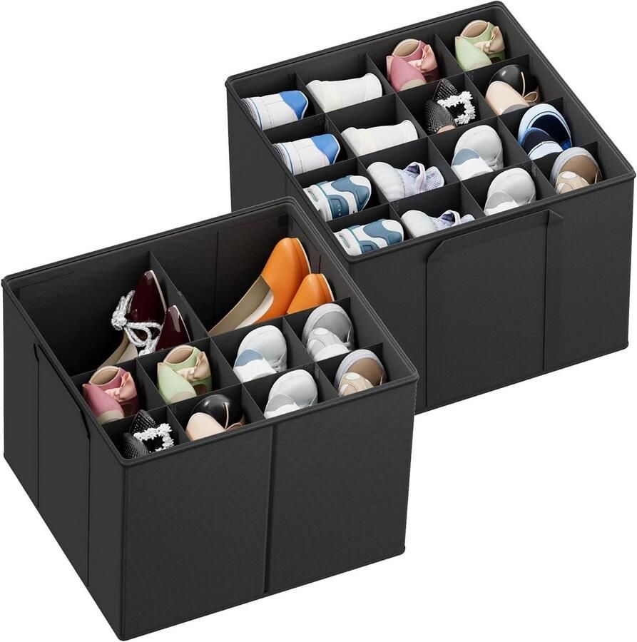 Foldable Shoe Organizer for Closet 2 Pcs with Adjustable Dividers Suitable for 16-32 Pairs Black