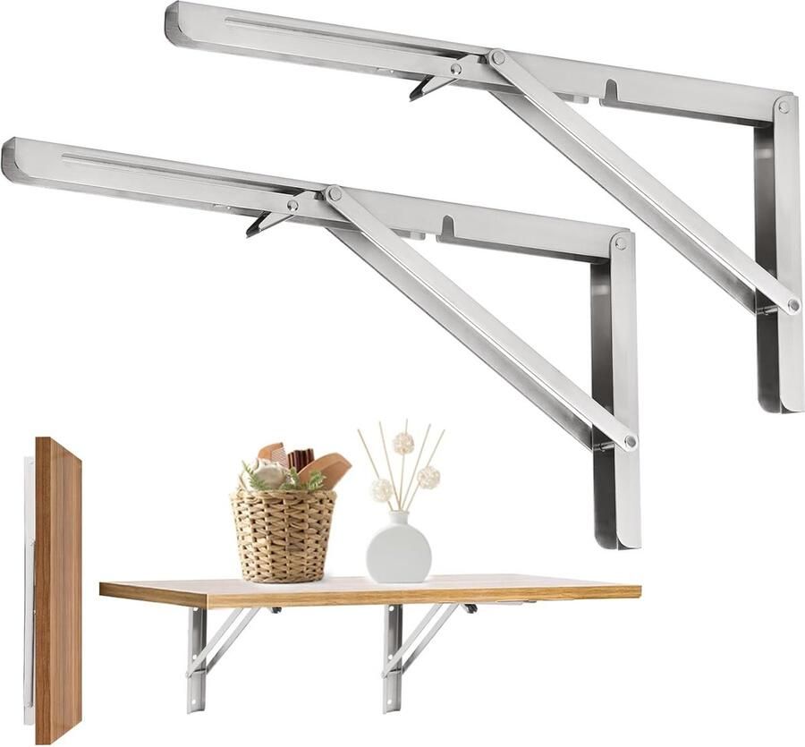 Foldbare Plankbeugels 16 Inch Zware Roestvrijstalen Driehoekige Wandmontage Opvouwbare Plankbeugel voor Banktafel Plankscharnier DIY Beugel Max Belasting Pak van 2 (16 Inch)