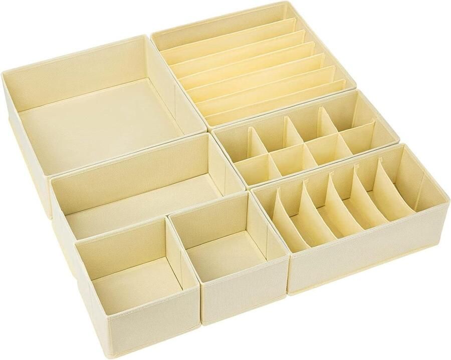 Folding Box Wardrobe Organiser Cupboard and Drawers Storage System for Bras Underwear Socks Shirts Toys Office Material 7 Pieces (Beige)