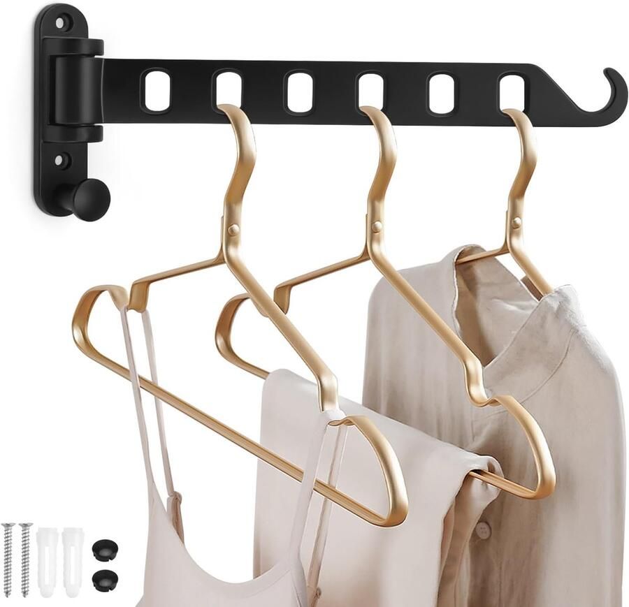 Folding Clothes Hook 6 Holes Wall Clothes Rack Black Modern en Simple 180° Rotatable Geschikt voor Balconies Badkamers Utility Room Slaapkamer