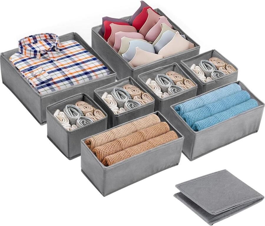 Folding Drawers Storage System Organiser Wardrobe Drawer Underwear Fleece Fabric Organiser Pack of 8 Grey