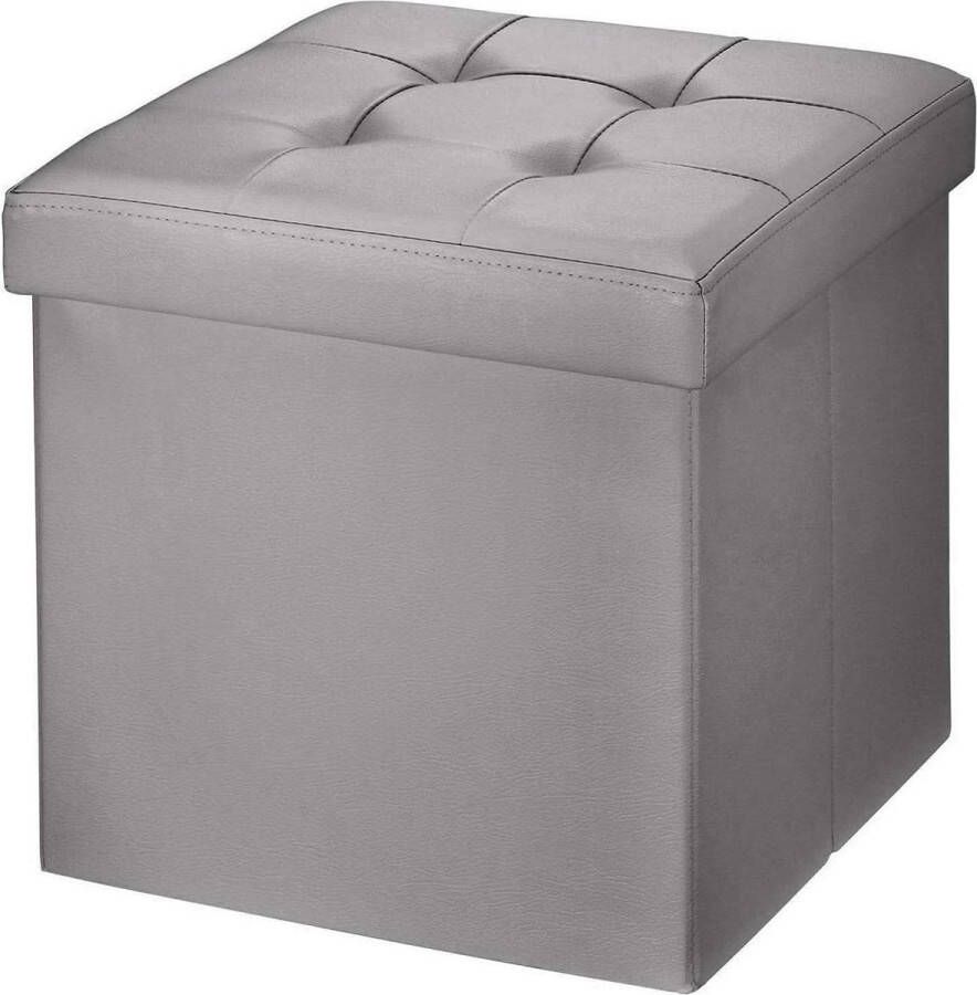 Folding Stool Faux Leather Storage Box with Storage Space Grey 38 x 38 x 38 cm