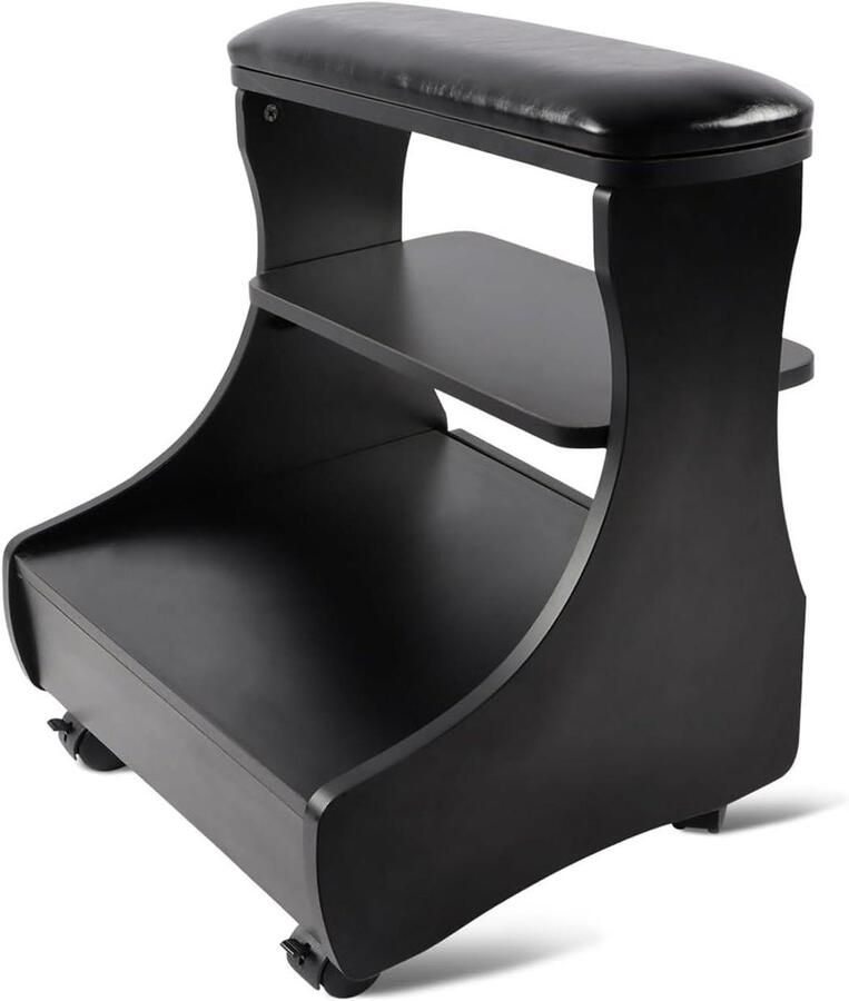 Footrest with Wheels PU Leather Home Beauty Footrest Pedicure Foot Stool Stand for Easily Used Salon (Black)