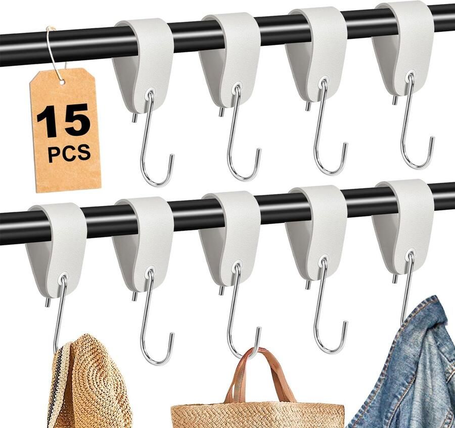 Forbabe 15-pack S-haken met leren lus roestvrijstalen kledinghaken metalen haken voor kledingrek garderobe camping badkamer (wit)