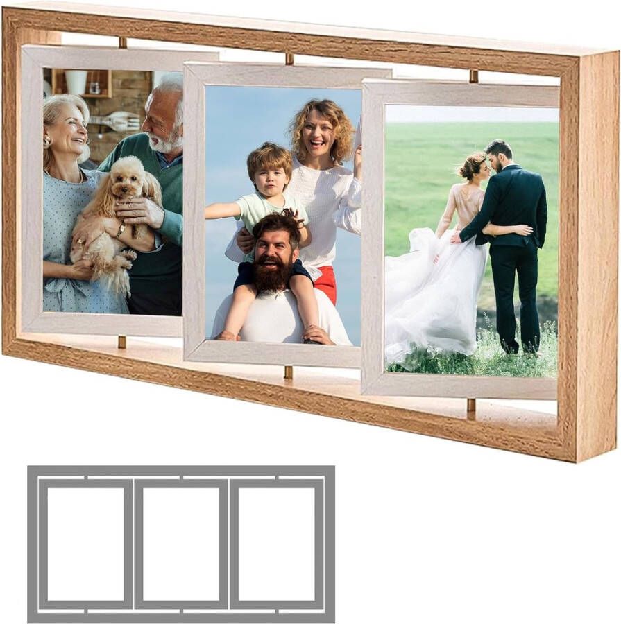 Fotolijst aan beide zijden zichtbaar fotolijst 6 foto's 10 x 15 cm dubbelzijdig display draaibare houten fotolijst voor bureau familie slaapkamer