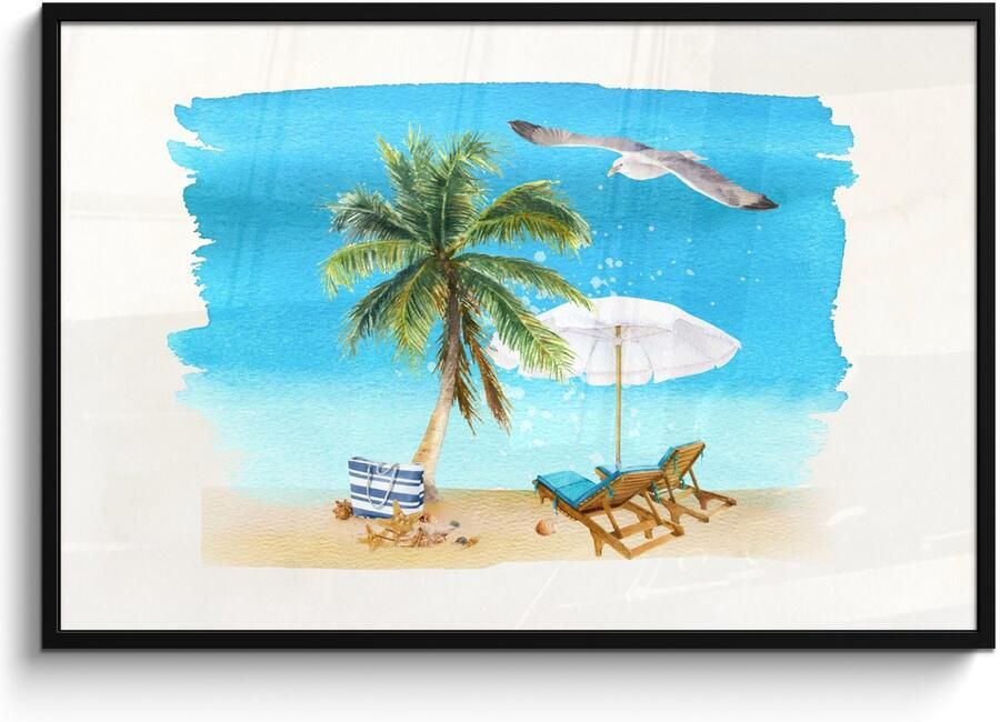 Poster in lijst Fotolijst 120x80 cm Posters Strandstoel Parasol Palmbomen Strand Posterlijst zwart Decoratie Wanddecoratie woonkamer Muurdecoratie slaapkamer - Foto 4