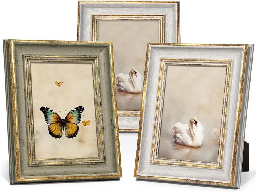 Fotolijsten set van 3 7 x 5 en 127 x 178 cm witgoud voor muur bureau of tafelblad vriend familie kerstcadeau vintage antieke groene frames met steunen
