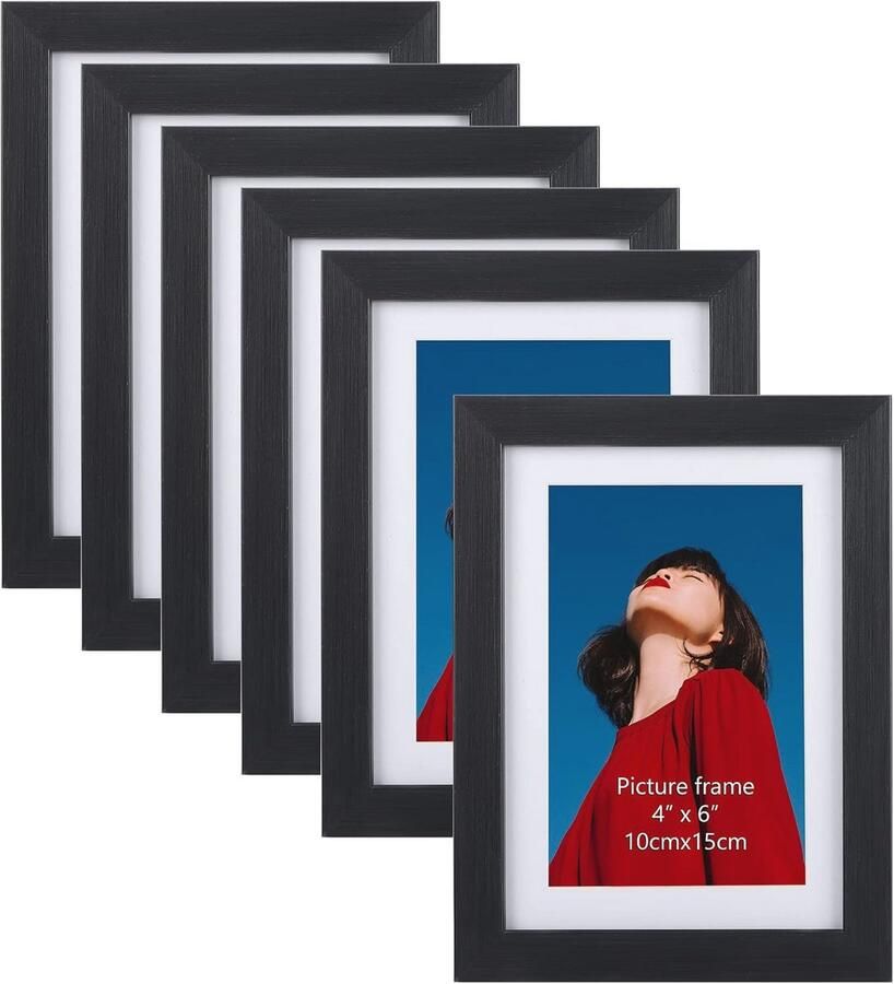 Fotolijstset 10 x 15 cm Set van 6 Geschikt voor Muur en Tafel Klassiek Zwart Frame
