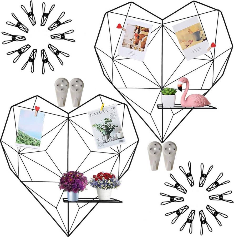 Fotowand hartvormig wandrooster set van 2 bijgewerkte versie zwart 50 x 50 cm met opvouwbaar platform esthetische kamerdecoratie kan ook worden gebruikt als memobord