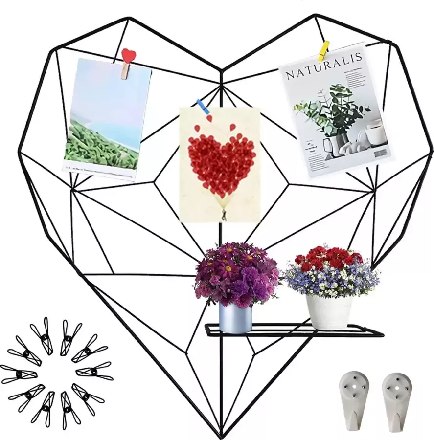 Fotowand hartvormig wandrooster zwart 51 x 50 cm bijgewerkte versie met opvouwbaar platform esthetische kamerdecoratie kan ook worden gebruikt als memobord