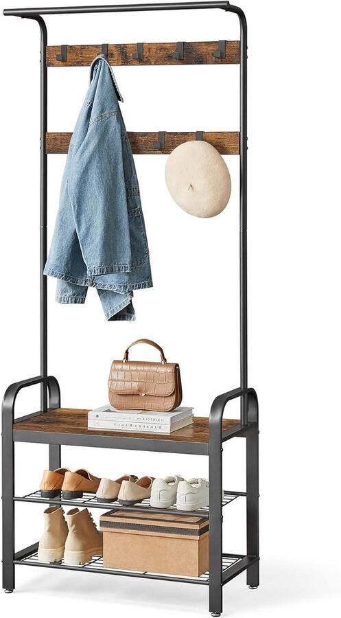 Coat Rack Wardrobe Foyer Cabinet with 3 Shoe Shelves and Removable Hooks Height 183 cm Metal Frame in Rustic Brown and Black HSR40B