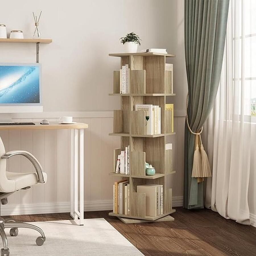 Fratersphere Draaibare Boekenkast 4 Lagen – Boekenrek Boekenplank – Veel opslagruimte voor Woonkamer Slaapkamer – Hout – 39x39x128