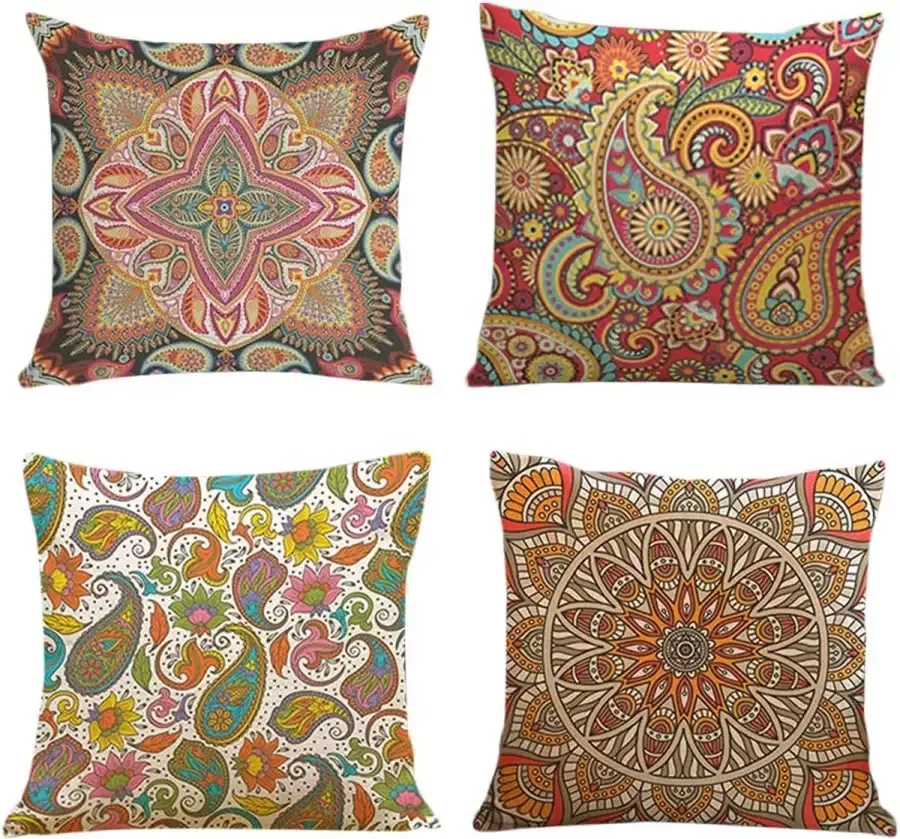 Frecinq Kussenhoes 45 x 45 cm 4 stuks decoratief Bohemian stijl met bloemenpatroon meerkleurig voor bank tuinstoelen decoratie van huis (02)