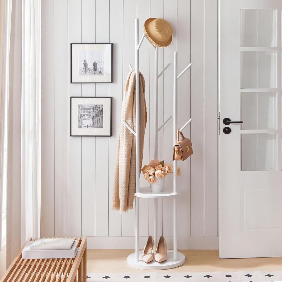 Freestanding Clothes Rack – Tree Shape Wardrobe with 8 Hooks and 2 Round Shelves – Coat Stand for Clothes Hats Bags – wit