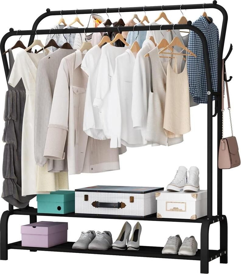 Kledingrek Vrijstaande hanger Dubbele Stangen Multifunctioneel voor Slaapkamers Dubbellaags 4 Haken Zwart Kledingkast
