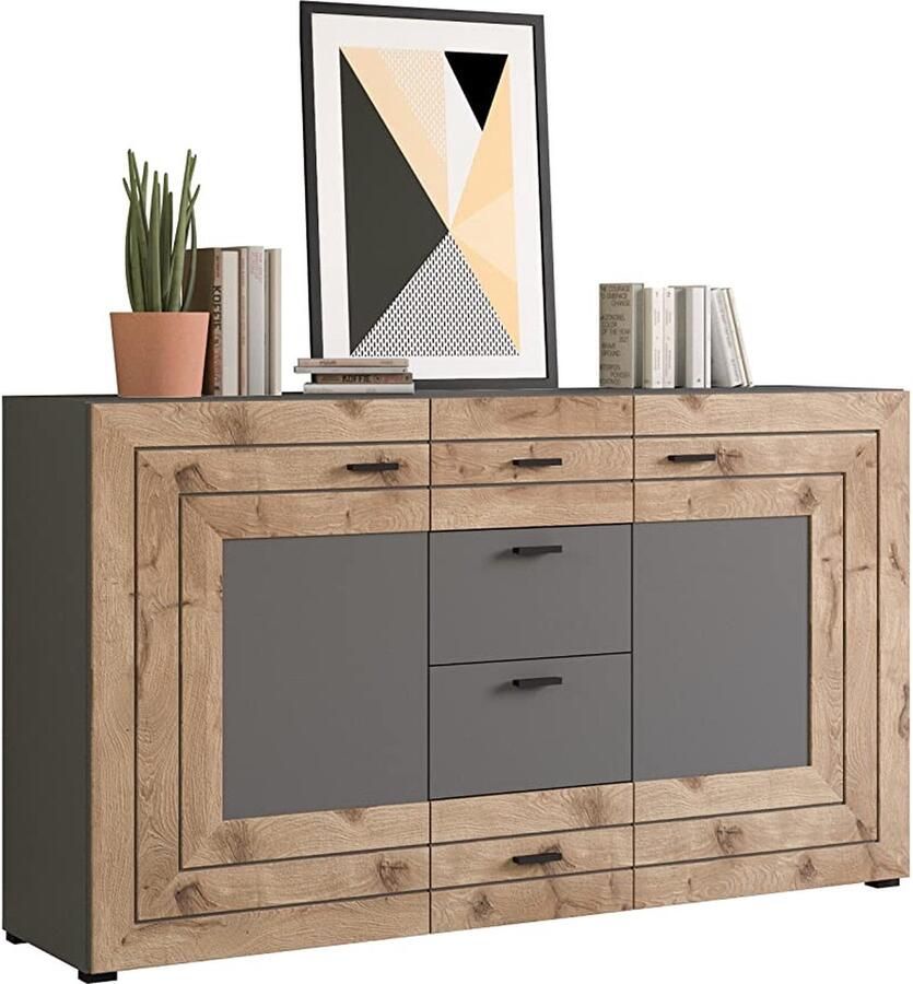 Rootz Living Rootz Freno Dressoir Houtmateriaal Grijze Replica Nox Eiken Replica 160 x 90 x 40 cm 2 Deuren 4 Laden 4 Planken
