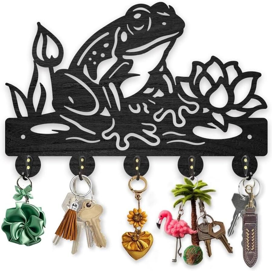 Frog Lotus Flower Kapstok Haken Wandgemonteerde Houten Sleutelhanger voor Muur Decoratieve Wandhaken met 5 Legeringshaken voor Entree Keuken Kantoor 30×20cm