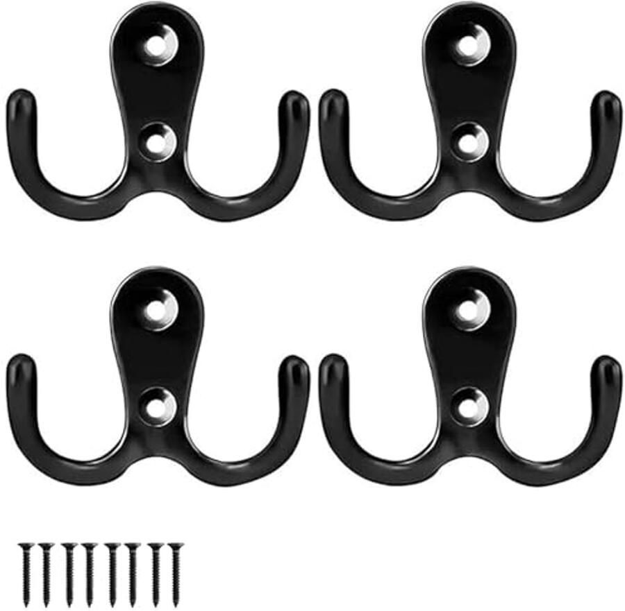 Frypay Pak van 4 kapstokhaken retrohaken dubbele wandhaken met 8 schroeven voor badkamer kast keuken
