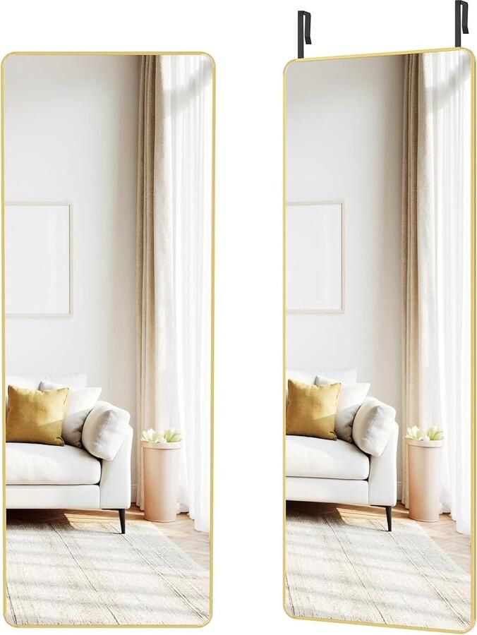 Full body spiegel 120 x 40 cm rechthoekig wand- of deurmontage aluminium frame gehard glas lichtgoud voor slaapkamer woonkamer of garderobe