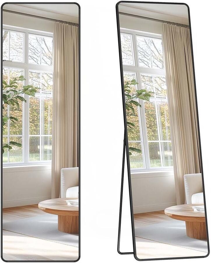 Full-body spiegel 150 x 40 cm rechthoekige staande spiegel frame van aluminiumlegering gehard glas voor slaapkamer woonkamer garderobe zwart inktzwart