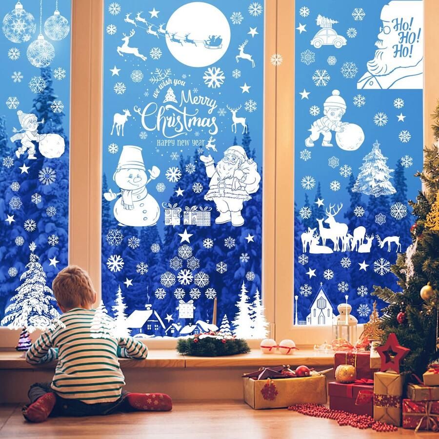 FullJoyHut Kerst Raamstickers 95 stuks Zelfklevende Sneeuwvlok Stickers Kerst Raamdecoratie Raamstickers Kerstdecoratie voor Kerst Raamdecoratie Ramen Deuren Vitrine