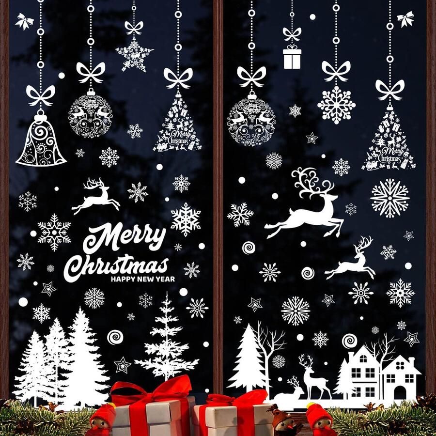 FullJoyHut Witte Raamschilderijen Kerststickers Sneeuwvlokken Kerstboom Rendier Stickers Decoratie Raamstickers Raamdecoratie Kerstmis PVC Kerstdecoratie Kerstmis voor Ramen Deuren Vitrine