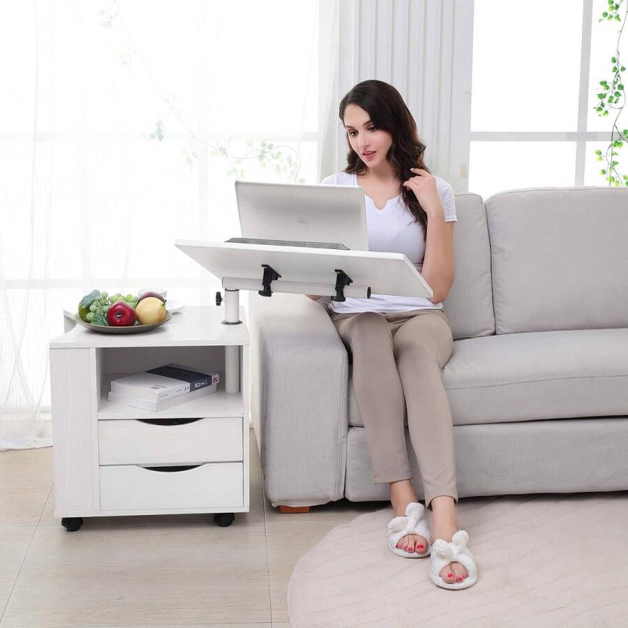 Functioneel draaibaar nachtkastje van verstelbaar hout met laden wielen en open rek (wit)