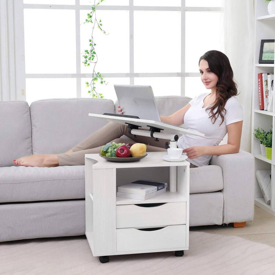 Functioneel draaibaar nachtkastje van verstelbaar hout met laden wielen en open rek (wit)