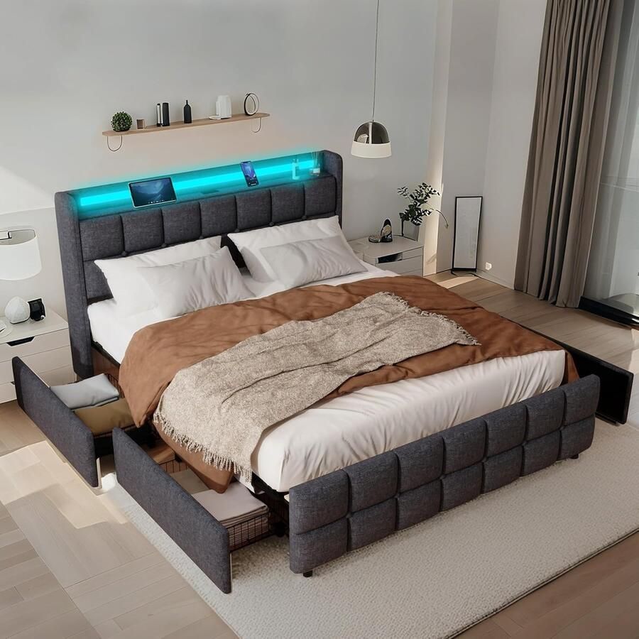 Functioneel Dubbelbed 140x200cm met 4 Lades LED Verlichting en Oplaadstation Grijs