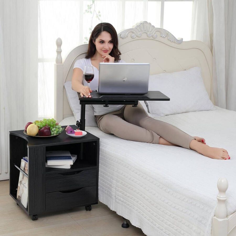Functioneel nachtkastje in bed verstelbaar houten nachtkastje met laden wielen en open plank 3 kleuren walnoot zwart wit witte esdoorn (zwarte walnoot)