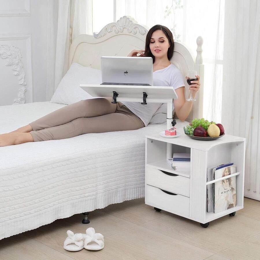 Functioneel verstelbaar houten draaibaar nachtkastje laden wielen open rek wit nachtkastje zwart 60 cm hoog