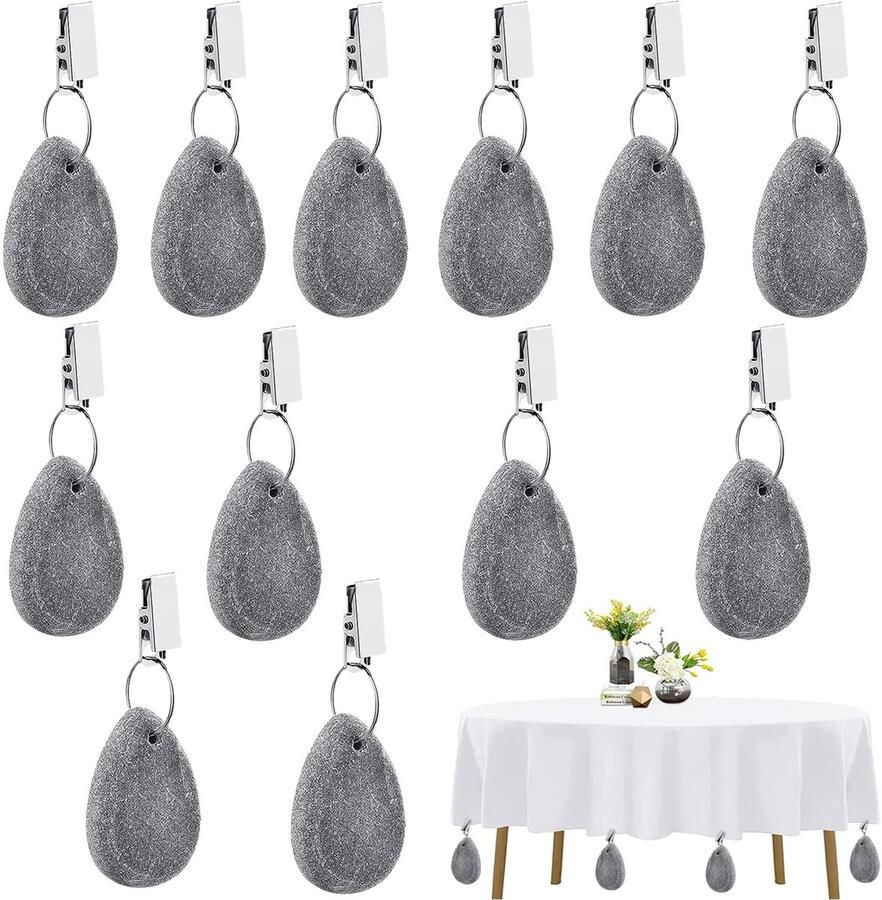 Funmo 12-delige tafelkleedgewichten van natuursteen tafelkleedgewichtenset met clip tafelkleedgewichten voor buiten grijze tafelkleedgewichten van natuursteen voor tafelkleedclips voor picknicks (A)