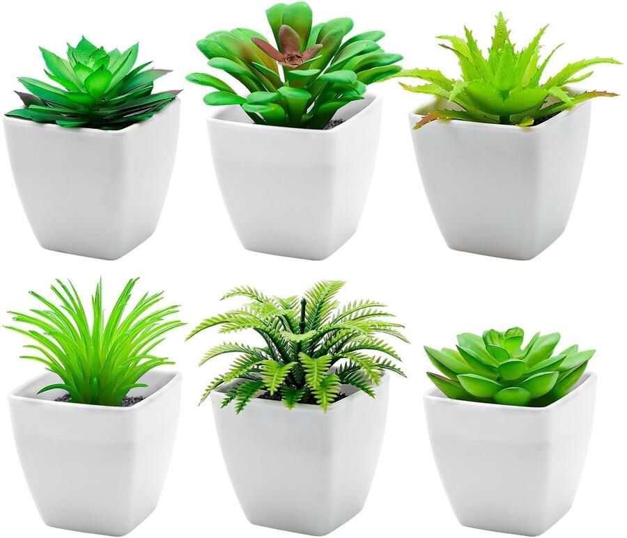 Funzhan 6 stuks kunstmatige vetplanten voor binnenhuisdecoratie in potten nep vetplant kunstmatig klein groen modern ornament voor op het bureau thuis slaapkamer vensterbank