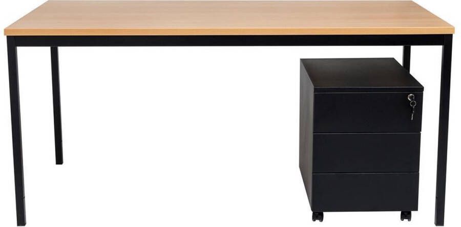 Furni24 Thuiskantoor bureauset 140 x 80 x 75 cm zwart beuk inclusief stalen ladekast op rollen met 3 laden in antraciet