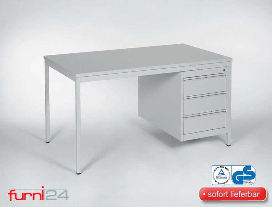 Furni24 Schreibtisch Computertisch Arbeitstisch Tisch inkl. Unterbaucontainer 3 Schübe 140 cm x 80 cm x 75 cm grau RAL 7035