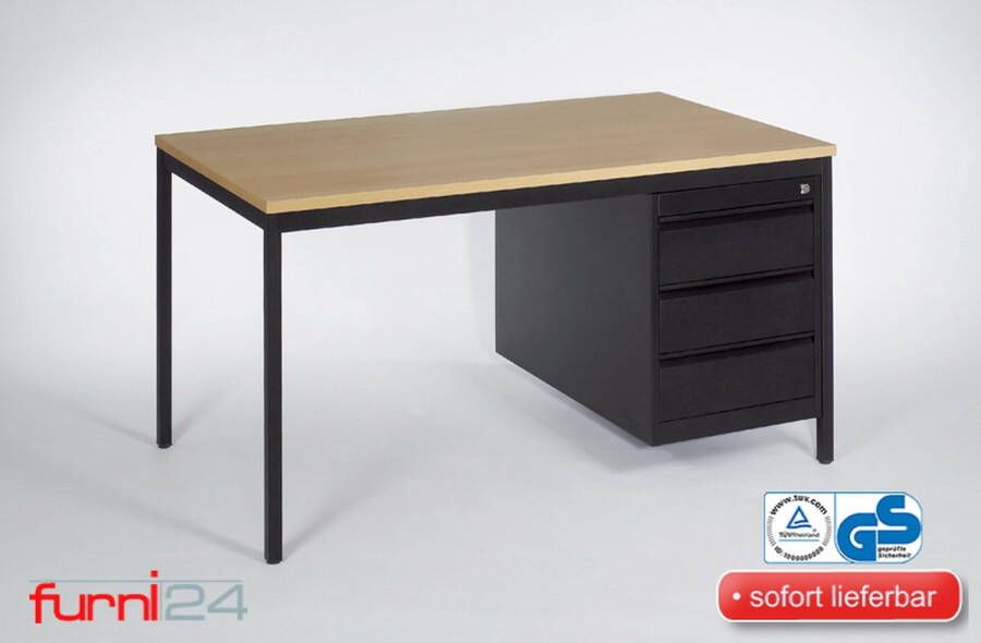 Furni24 Bureau computertafel werktafel tafel met ladekast onder bureau met 3 laden 180 cm x 80 cm x 75 cm zwart RAL 9005 beuk - Foto 3